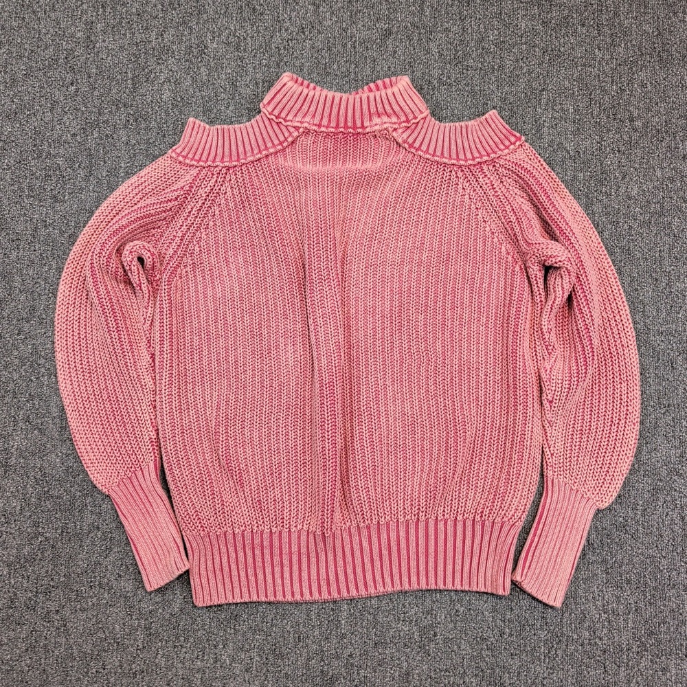 Free‎ People Boho Cold Shoulder V-Neck Sweater XS Pink Cotton Ribbed Chunky Knit